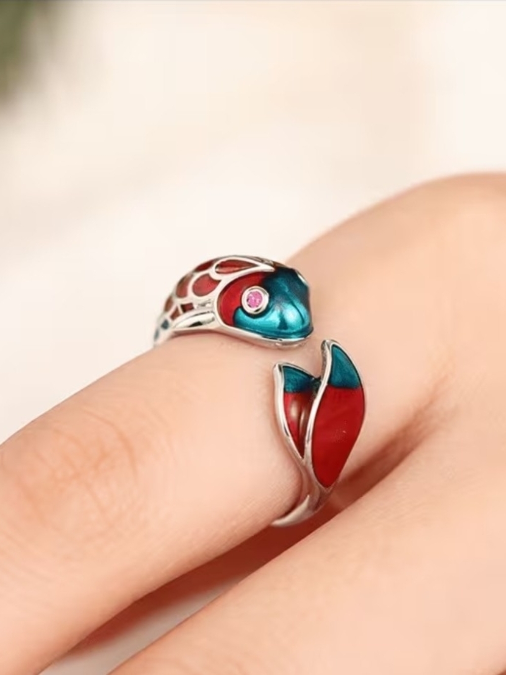 NWOT Sterling Silver Red & Teal Fish Wrap Ring.